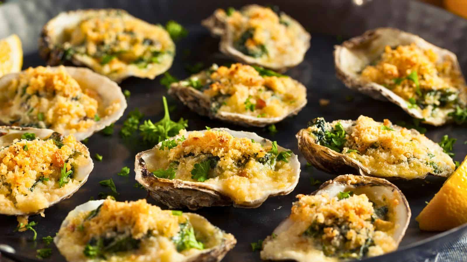 A plate of baked oysters Rockefeller, topped with breadcrumbs and herbs, is garnished with chopped parsley and served with lemon wedges.