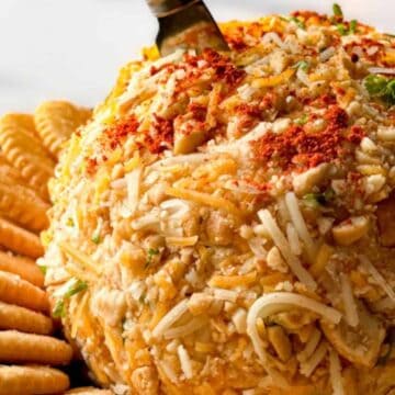 A cheese ball coated in nuts and herbs, surrounded by round crackers on a platter.