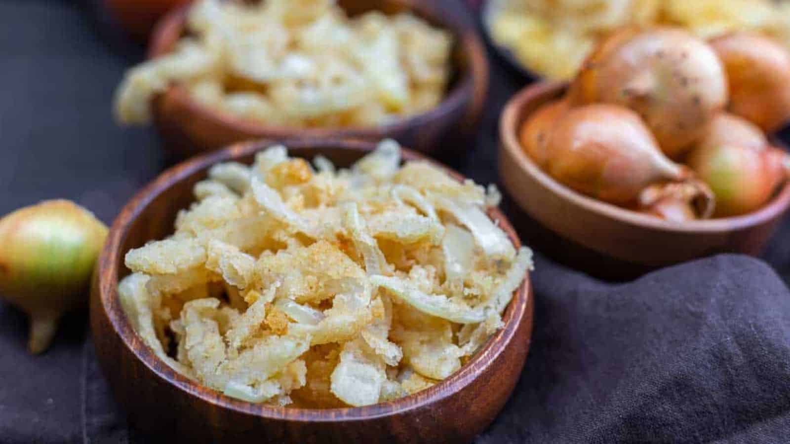 A bowl with crispy fried onions.