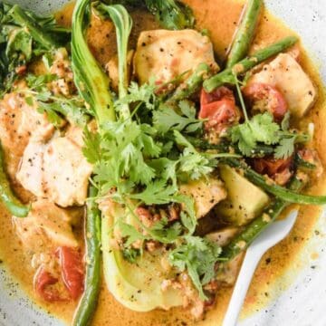 A bowl of Thai red curry with chicken, green beans, bok choy, tomatoes, and fresh cilantro garnish.
