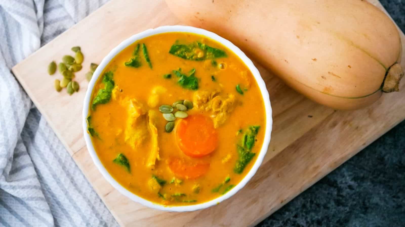 An Instant Pot recipe featuring a spoonful of chicken and squash soup.