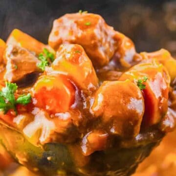A ladle of beef stew with carrots, potatoes, and parsley in a rich brown sauce.