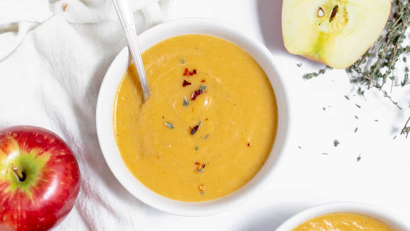 A crock of butternut soup.