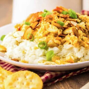 Plate of creamy chicken casserole topped with sliced almonds and green onions, served with crackers.