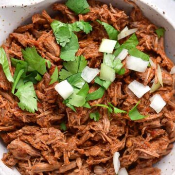 Shredded seasoned meat topped with chopped onions and cilantro in a white bowl on a light wooden surface.