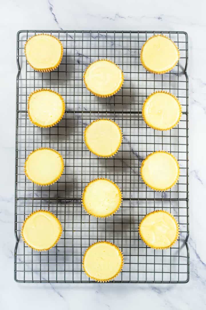 Twelve mini cheesecakes in yellow wrappers on a cooling rack over a white marble surface.