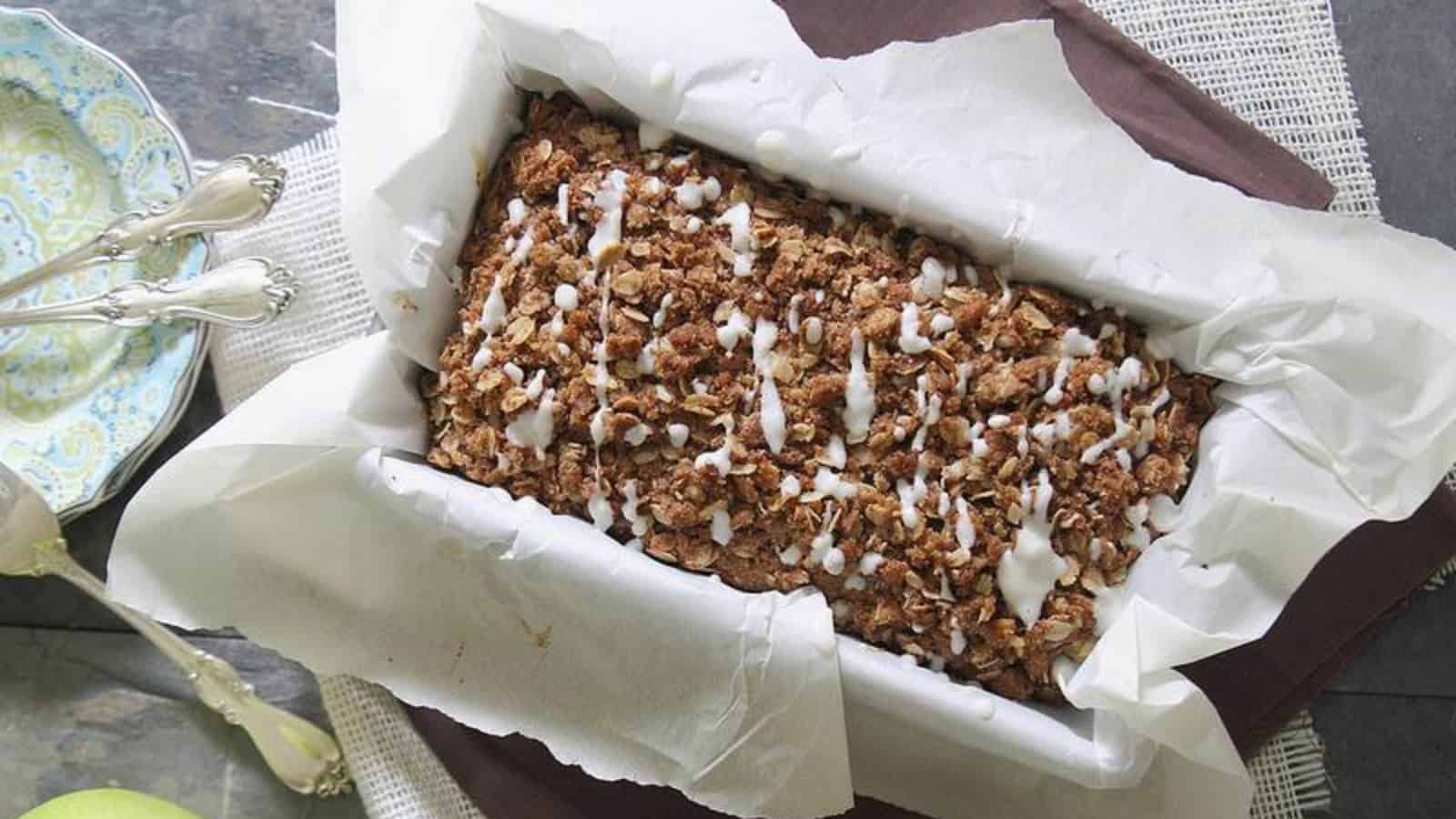 Apple streusel bread drizzled with icing.