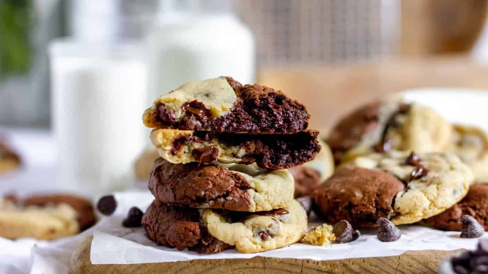 A stack of chocolate chip cookies on a cutting board, perfect for winter desserts.