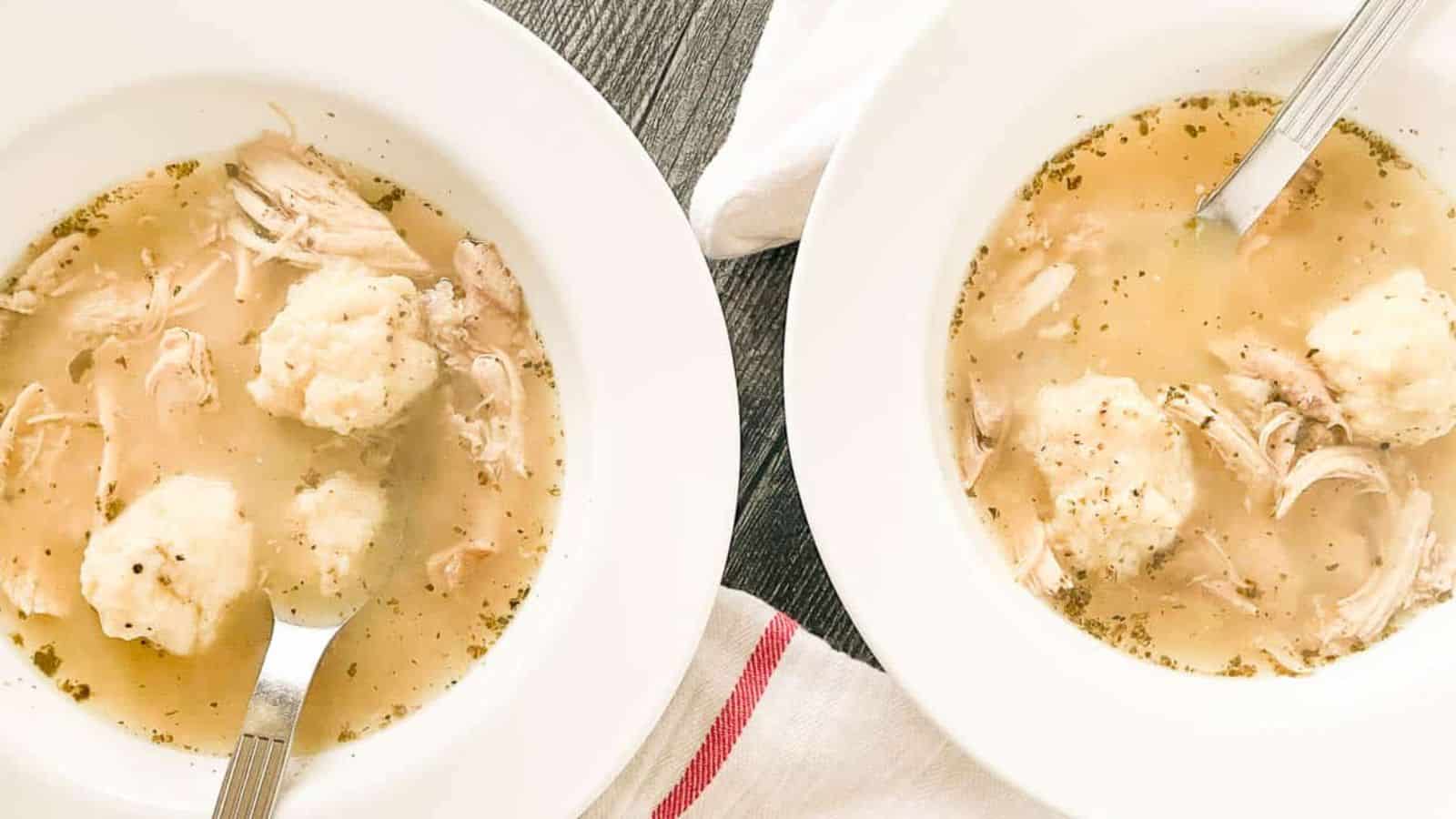 Chicken and dumpling soup in a bowl.