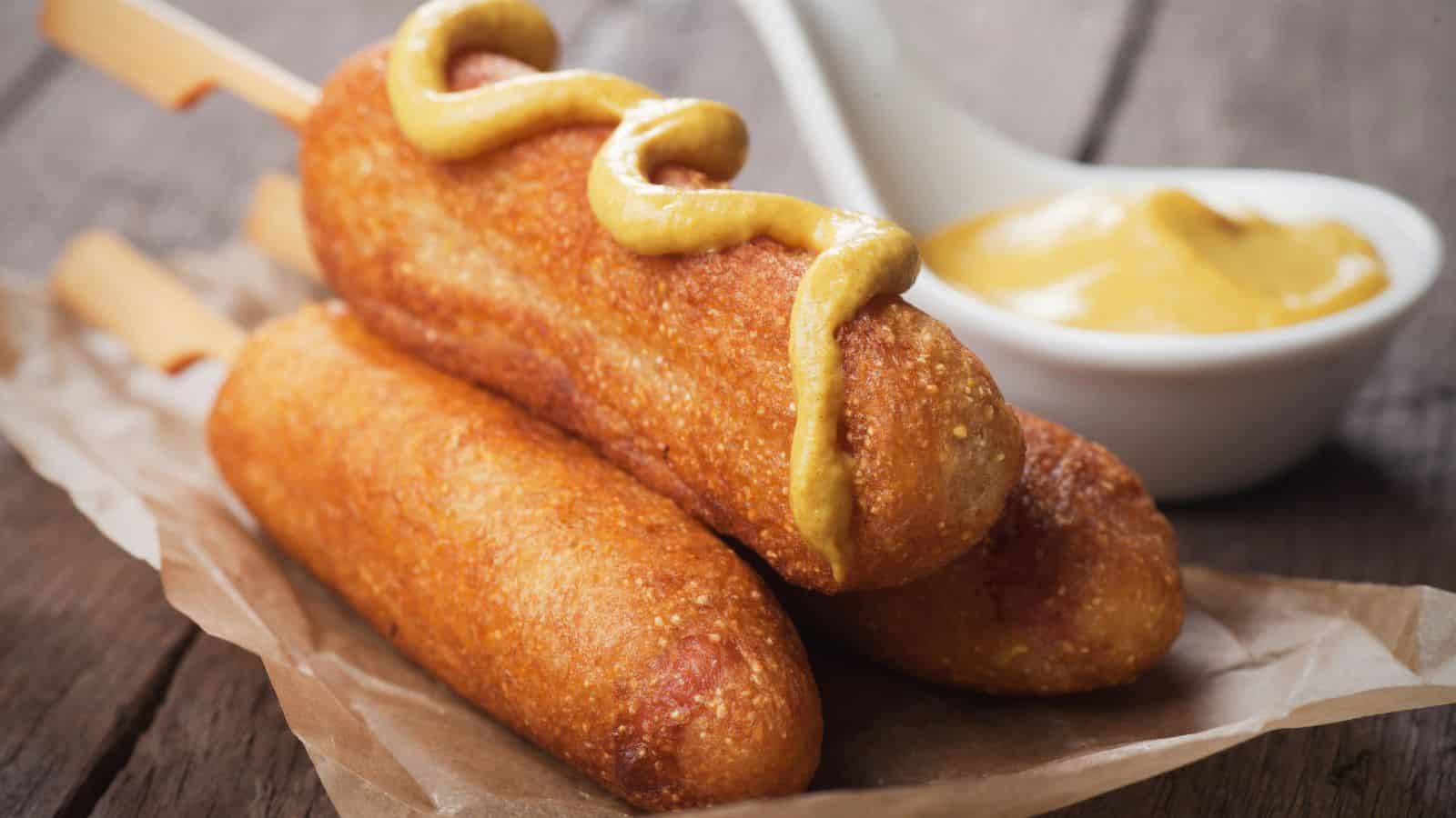 Three corn dogs on paper, one topped with mustard, with a bowl of mustard in the background&mdash;amid recent news of a corn dogs recall due to possible contamination.