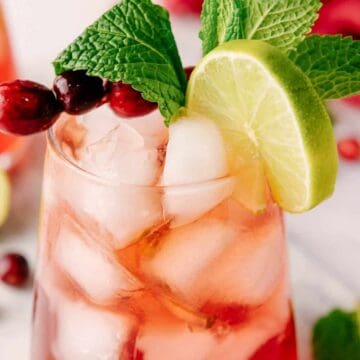 Iced cranberry cocktail garnished with lime slice, cranberries, and fresh mint leaves.