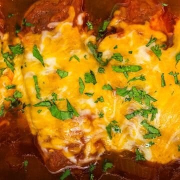 Cheesy baked enchiladas topped with melted cheese and chopped cilantro in a rich red sauce.