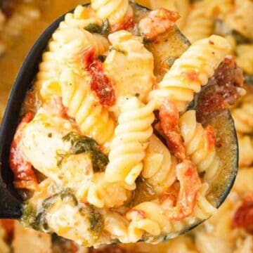 A ladle scoops creamy rotini pasta with chicken, spinach, and sun-dried tomatoes.