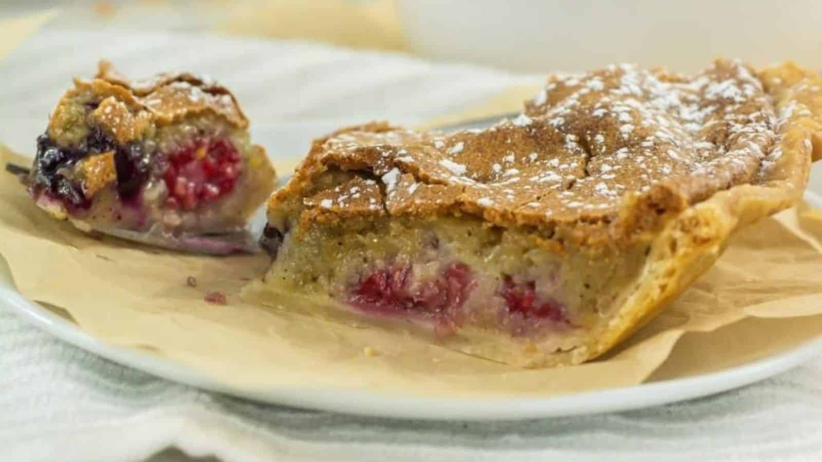 A slice of egg custard pie on a plate.