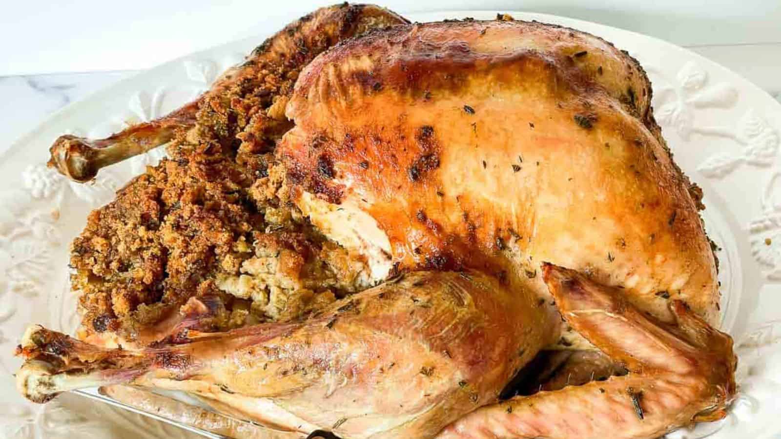 A top down view of a turkey dinner. 