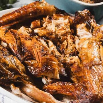 Platter of roasted, carved turkey pieces with crispy, golden brown skin on a white dish.