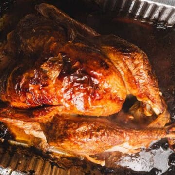A roasted turkey in a disposable aluminum pan, with crispy brown skin and juices in the bottom.