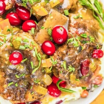 Braised meat with gravy, fresh cranberries, and herbs served over mashed potatoes on a white plate.