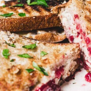 Close-up of a grilled sandwich with turkey, cranberry sauce, and herbs on toasted bread.