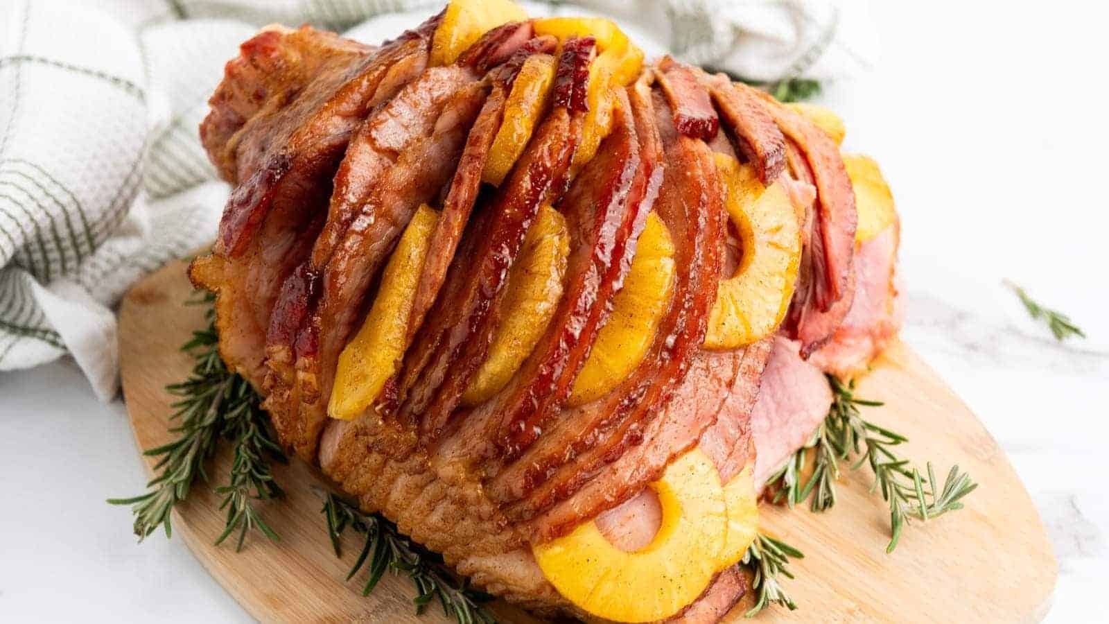 Baked ham garnished with pineapple slices, placed on a wooden board with sprigs of rosemary.