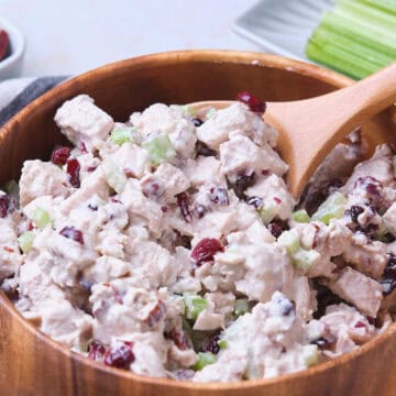 Chicken salad with celery and cranberries in a wooden bowl, with a wooden spoon and celery sticks nearby.