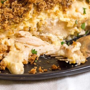 Close-up of creamy chicken casserole with a crunchy topping, served on a dark plate with a gold fork.
