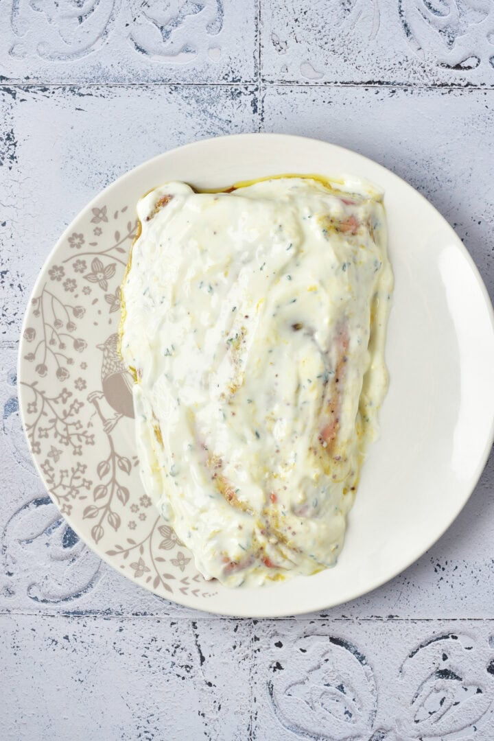Raw chicken breast covered in a creamy white marinade on a floral-patterned plate, on a textured surface.