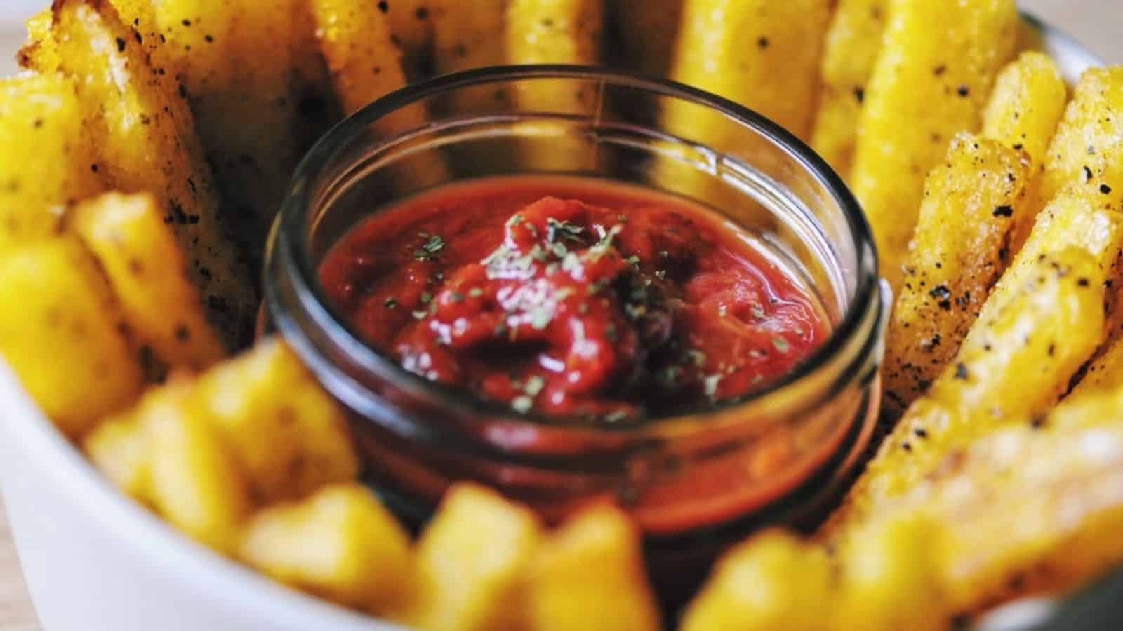 Golden fries arranged around a glass bowl of red dipping sauce, garnished with herbs.