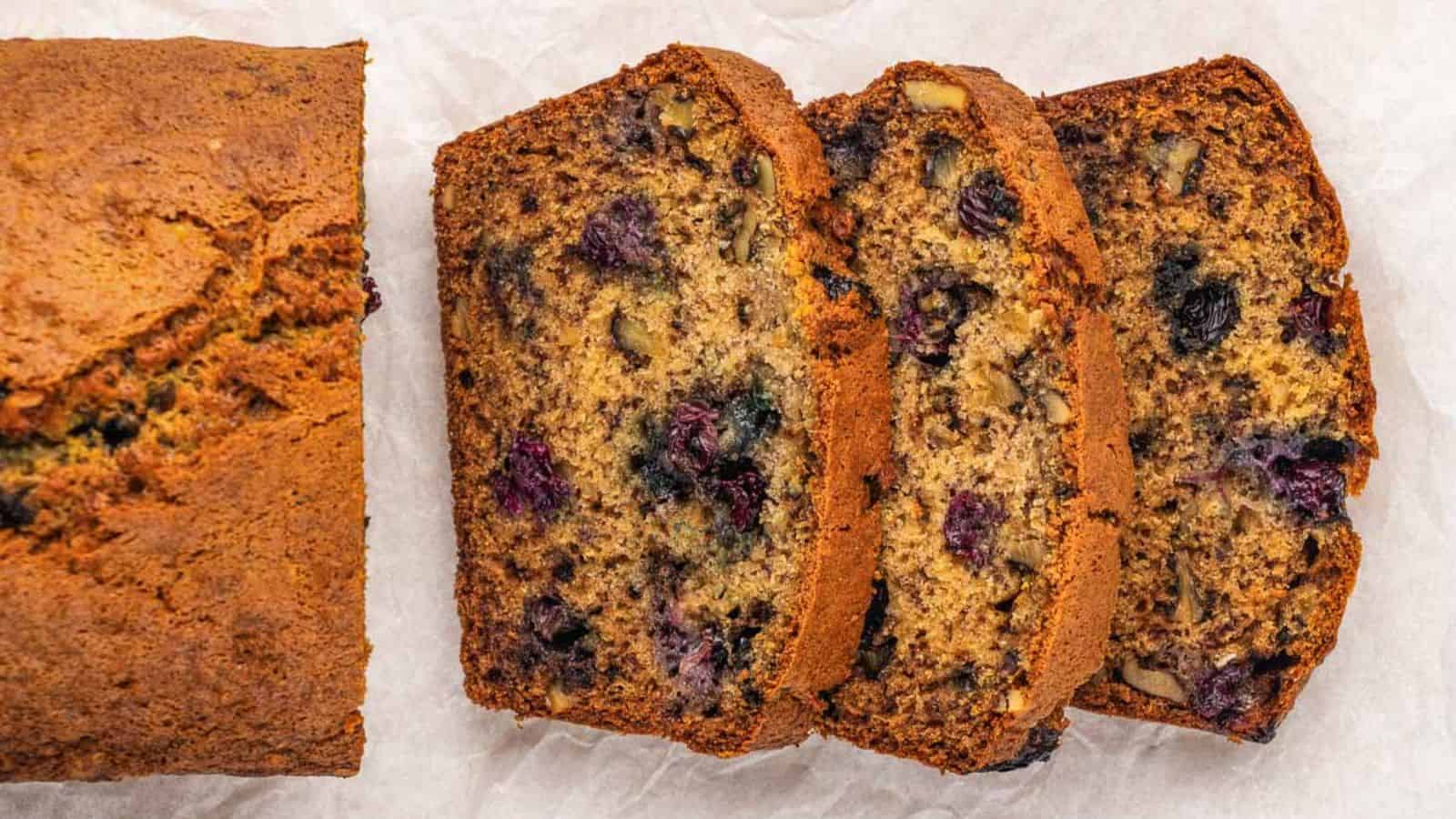 Slice blueberry banana bread from the top.
