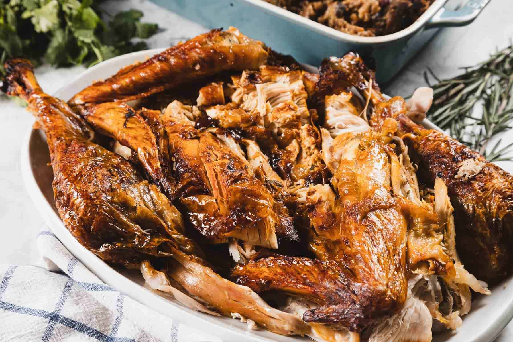 Platter of sliced, roasted turkey with crispy, golden-brown skin on a white plate.