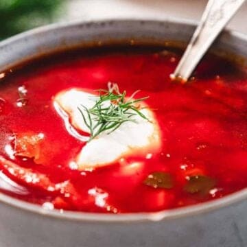 A bowl of borscht topped with sour cream and fresh dill, with a spoon in the bowl.