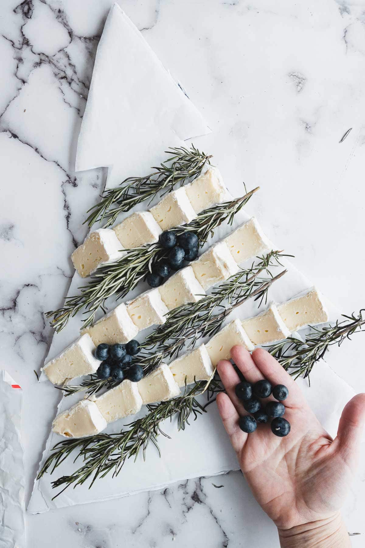 Brie cheese slices, rosemary, and blueberries arranged as a festive Christmas Tree Charcuterie Board on marble, with a hand holding berries.