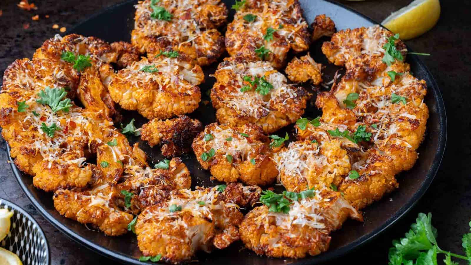Thick roasted cauliflower steaks with golden crisp edges on a parchment-lined baking sheet.