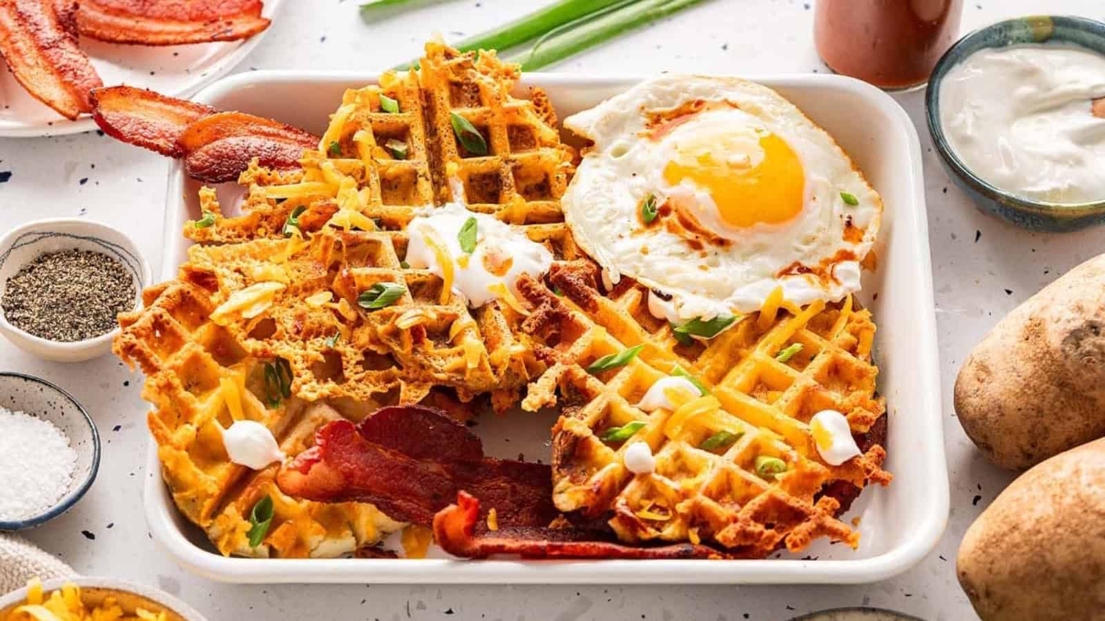 Crispy waffles topped with bacon, a sunny-side-up egg, sour cream, and green onions on a white plate.