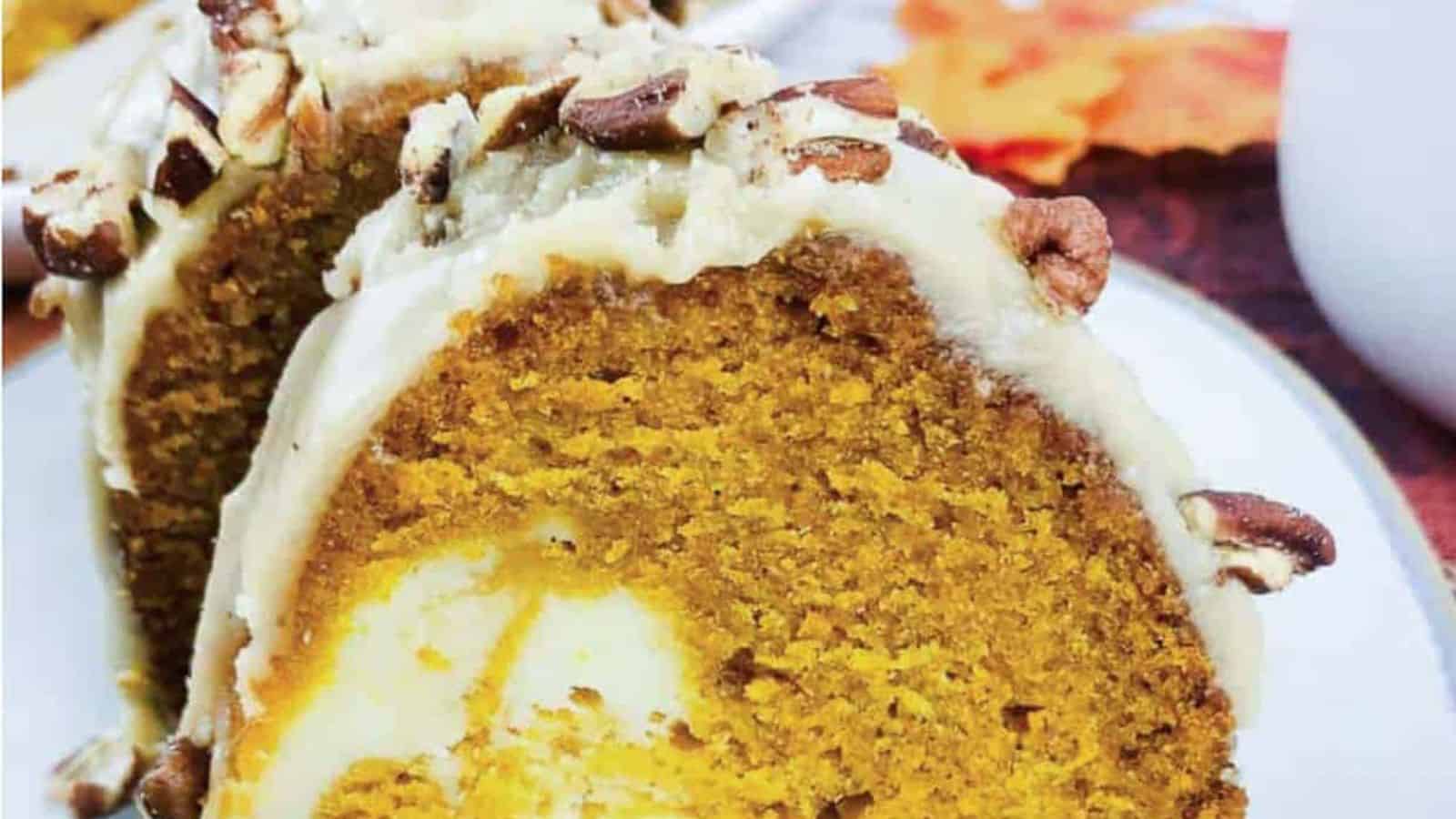 A pumpkin bundt cake served on a plate.