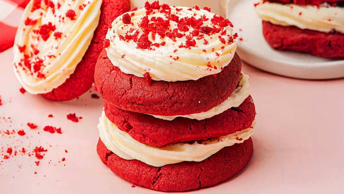 Three red velvet cookies with white frosting are stacked on a pink surface. Crumbled red velvet pieces are sprinkled on top. 