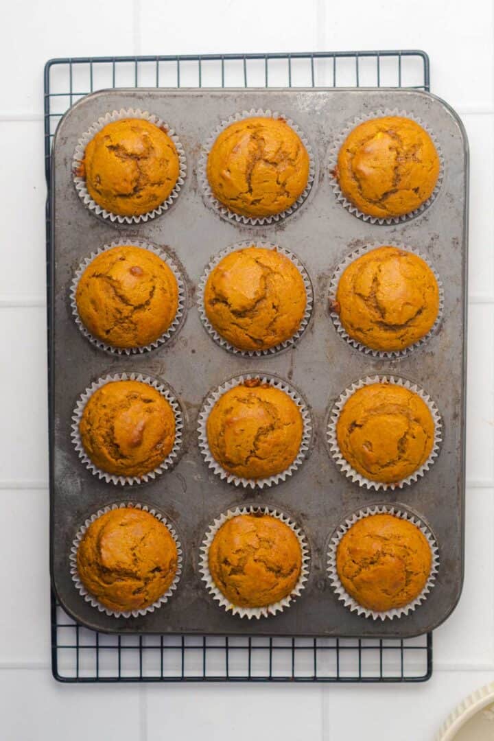 Twelve Salted Caramel Pumpkin Muffins in a baking tin with paper liners, sitting on a cooling rack.