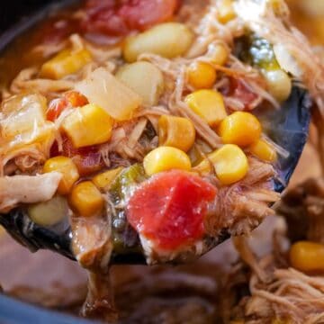 A ladle of hearty chicken stew with corn, tomatoes, and vegetables in a rich broth.