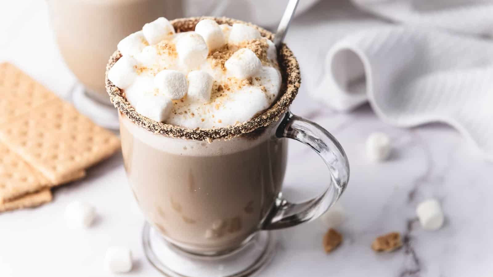 Glass mug of hot chocolate topped with marshmallows and graham crumbs, with graham crackers in the background.