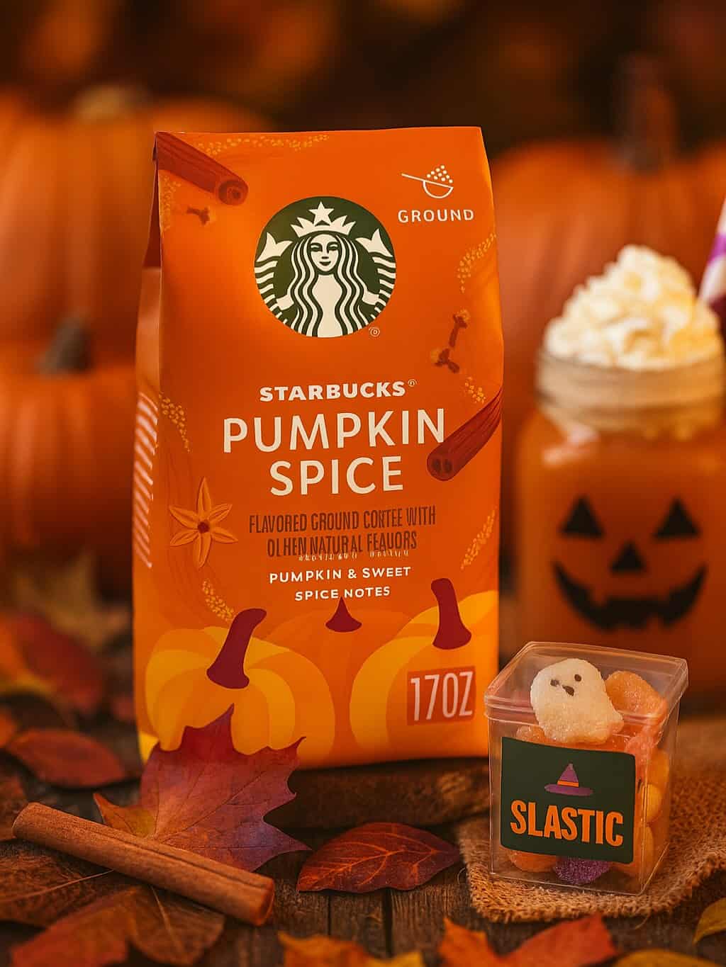 A bag of Starbucks Pumpkin Spice coffee with fall leaves, a pumpkin, and Halloween treats nearby—perfect for cozy autumn mornings or as thoughtful pumpkin spice gifts for coffee lovers.