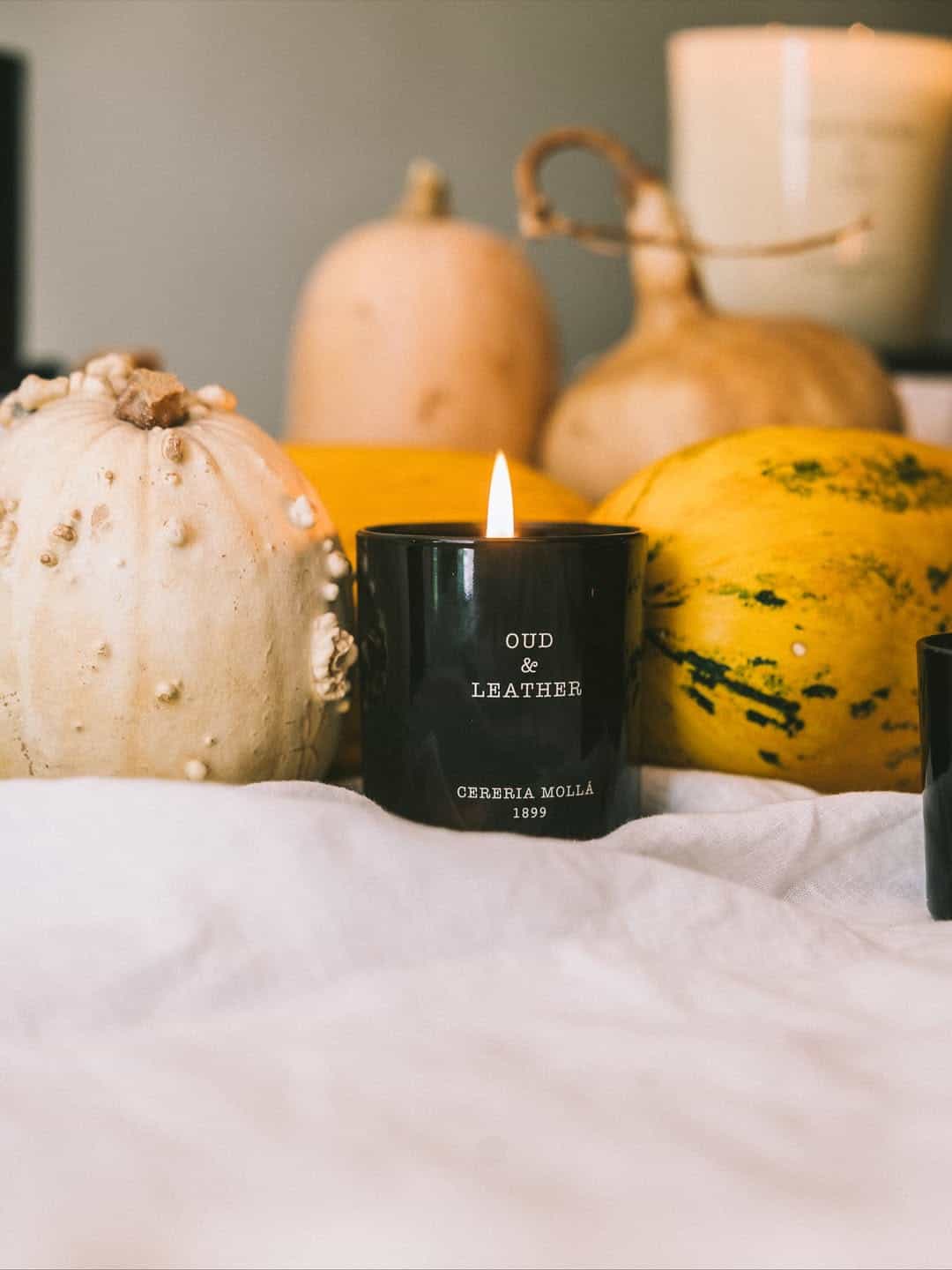 A lit black "Oud & Leather" candle sits on white fabric beside gourds and squashes-perfect for cozy holiday gifts.