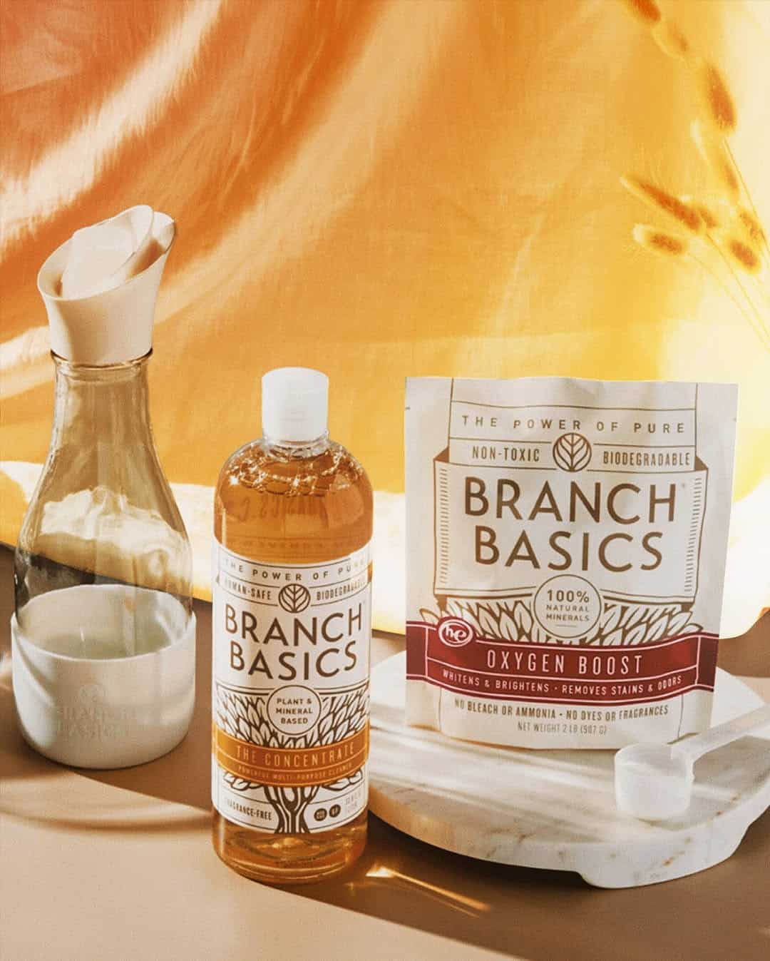 Branch Basics cleaning products and a carafe with a cup arranged on a tray, lit by warm sunlight—perfect gifts that make holiday cleanup easier.