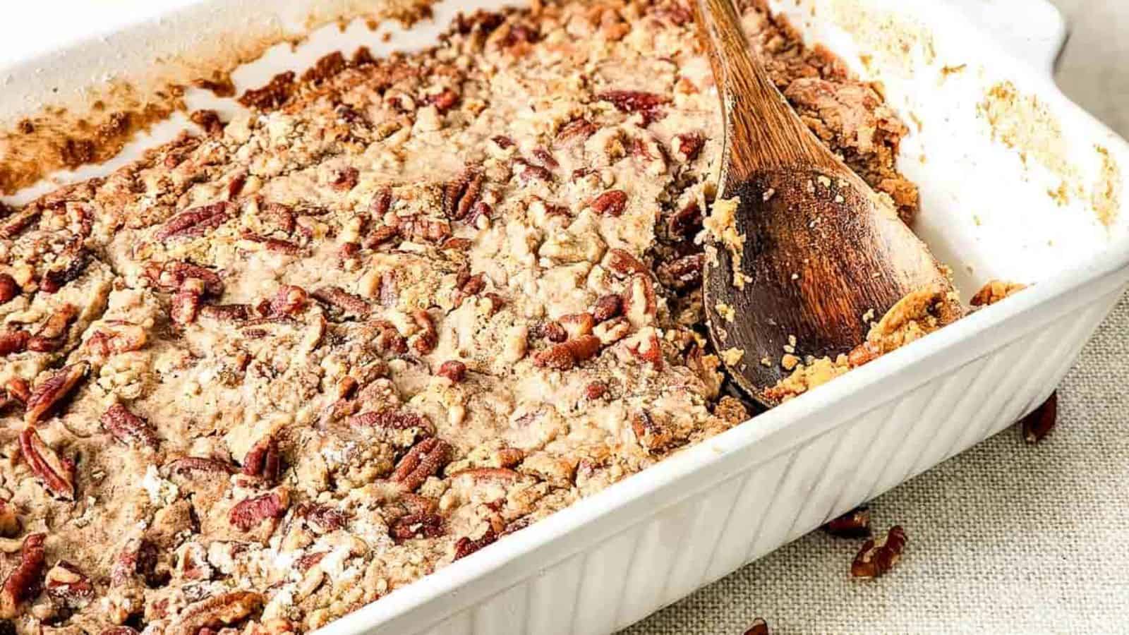 Sweet potato dump cake in a baking dish.