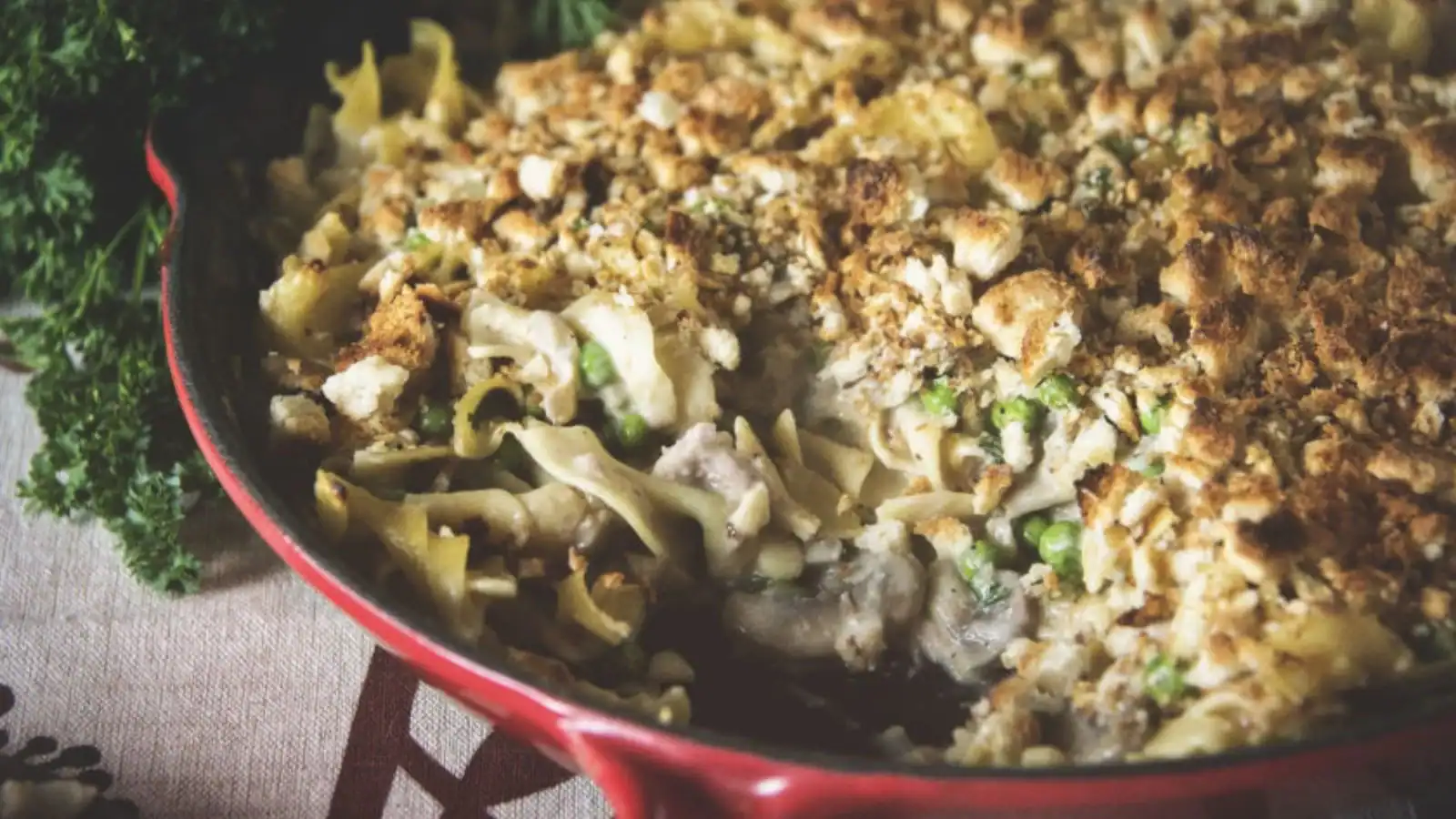 Tuna casserole baked creamy with noodles and breadcrumbs.