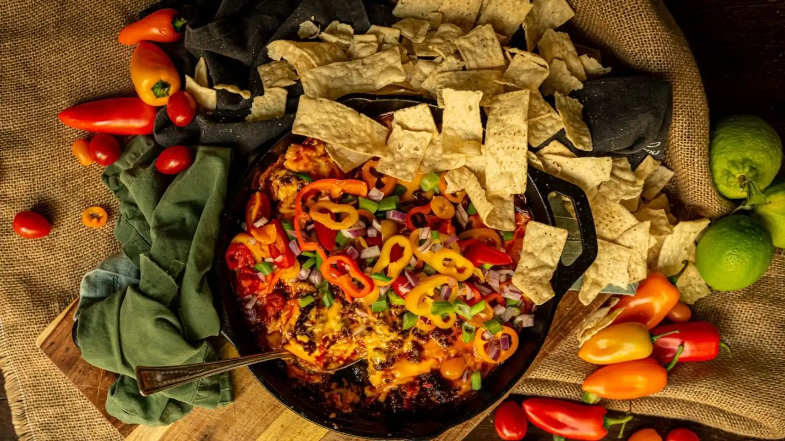 Hot cheese dip bubbling with melted cheese and spicy chorizo pieces.