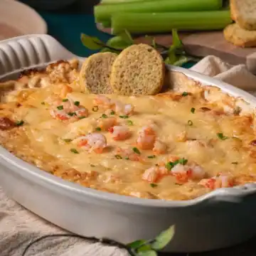 Baked seafood casserole topped with cheese, shrimp, chives, and toasted bread slices in a white dish.