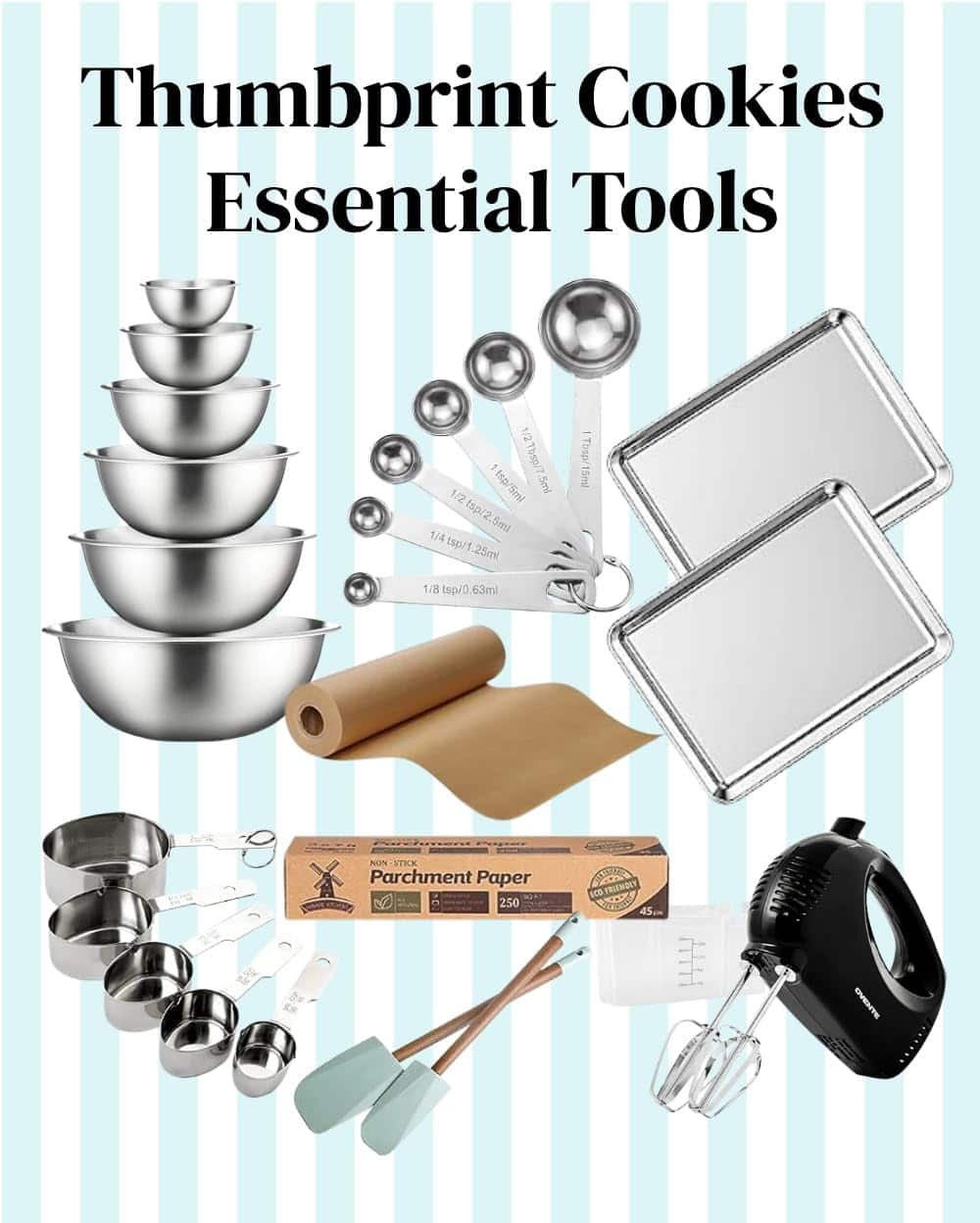 Assorted baking tools for Strawberry Almond Thumbprint Cookies, including bowls, pans, mixer, measuring cups, and parchment paper.