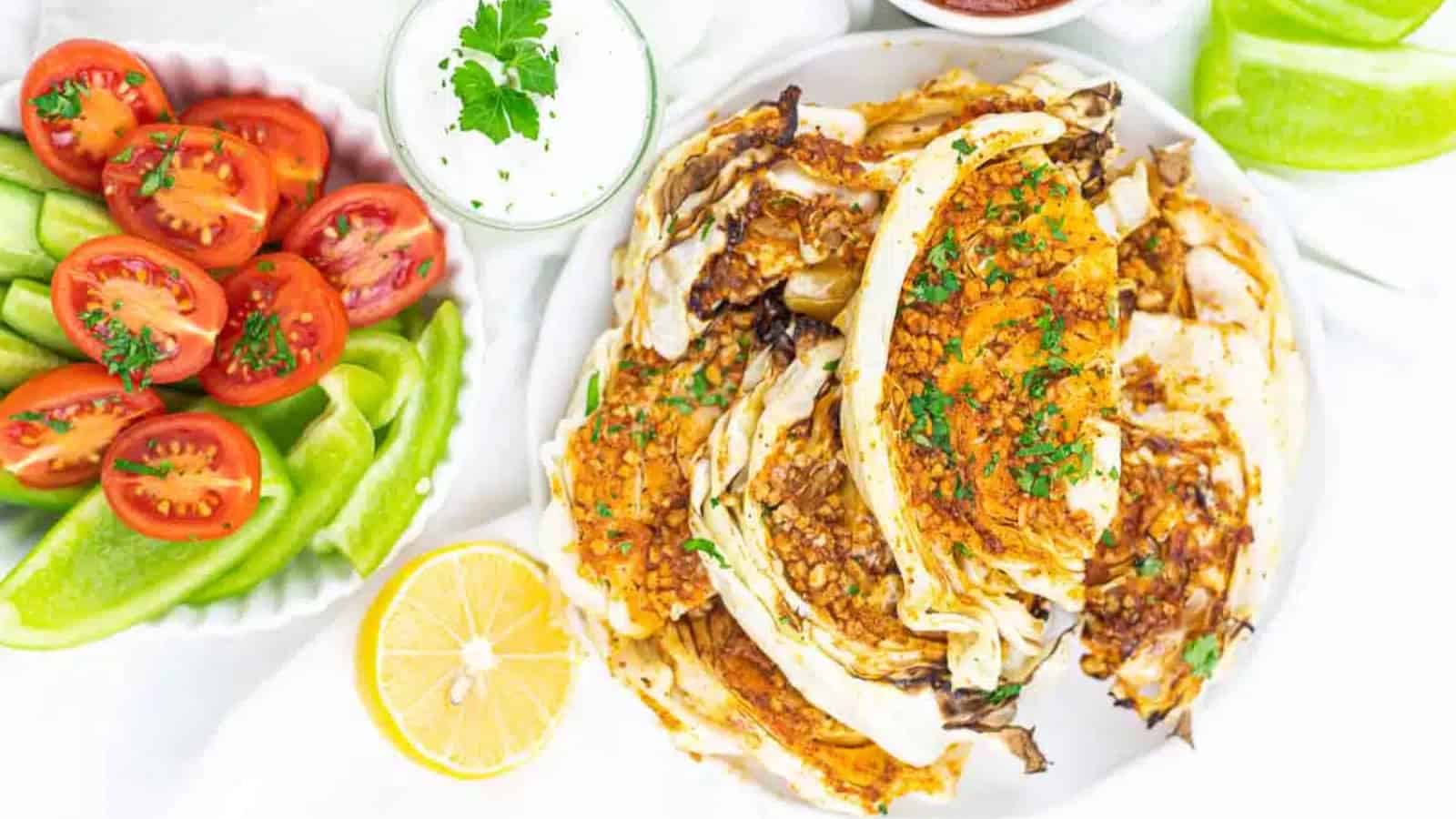 Plate of roasted cabbage steaks with herbs, served with lemon, sliced tomatoes, green peppers, and dip.