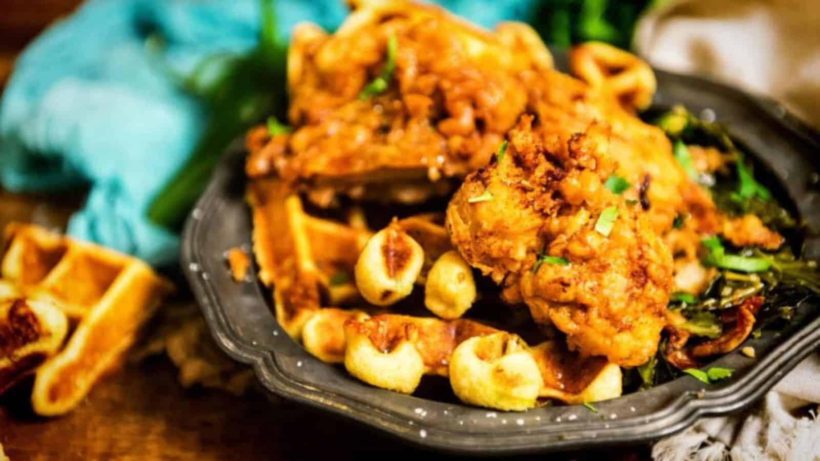 Fried chicken served on waffles with syrup drizzling down over crunchy and soft textures.