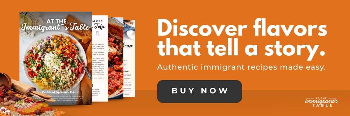 Ad for a cookbook titled "At the Immigrant's Table" featuring photos of healthy international recipes and diverse dishes. Discover flavors from around the world—click "Buy Now" to start your global culinary journey!.